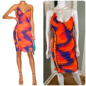 h:ours Quintana Candy Ombré Orange Purple Ruched Mini Dress Bodycon Mesh Hours S